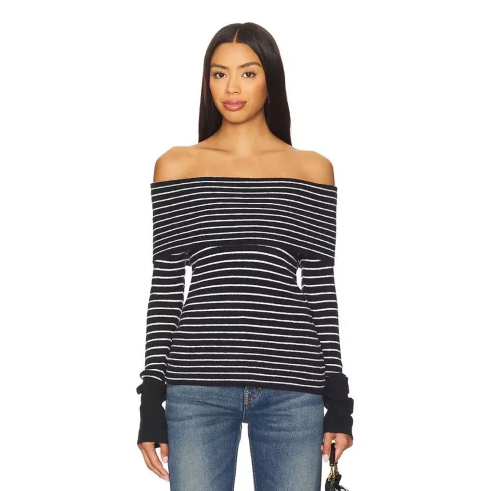 NWT Free People Evergreen Off Shoulder Striped Knit Sweater Y2K 90s Cozy Medium